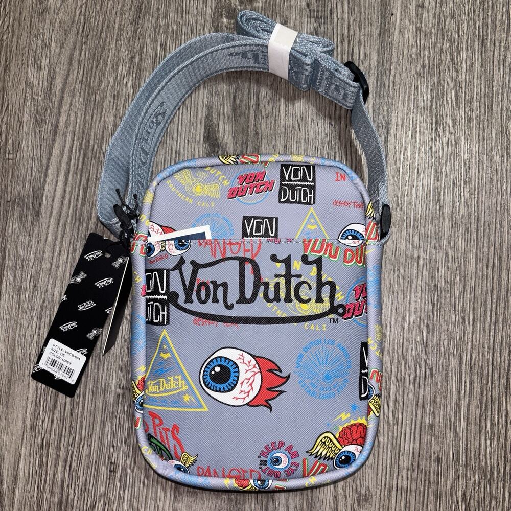 Von Dutch Gray Small Zip Crossbody Bag w/ Adjustable Strap Logo Printed - Picture 2 of 12
